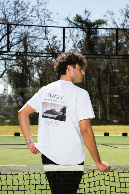 Slacks By It Unisex Mountain Tee in White short sleeve, oversized fit