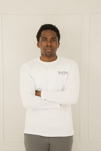 Slacks By It Unisex Mountain Tee in White long sleeve, oversized fit