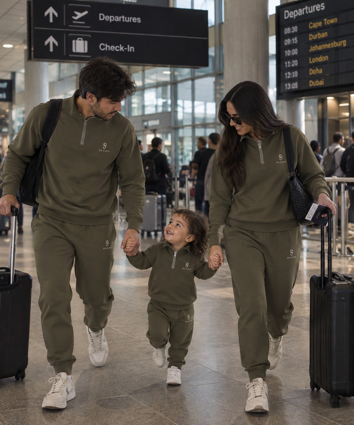 Family wearing matching SLACKS olive travel tracksuits at the airport